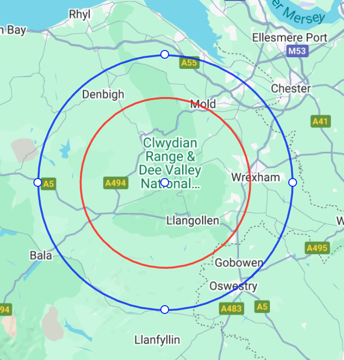 Service area map: Mobile nail technician in the Corwen, Llangollen, Denbigh, Ruthin areas